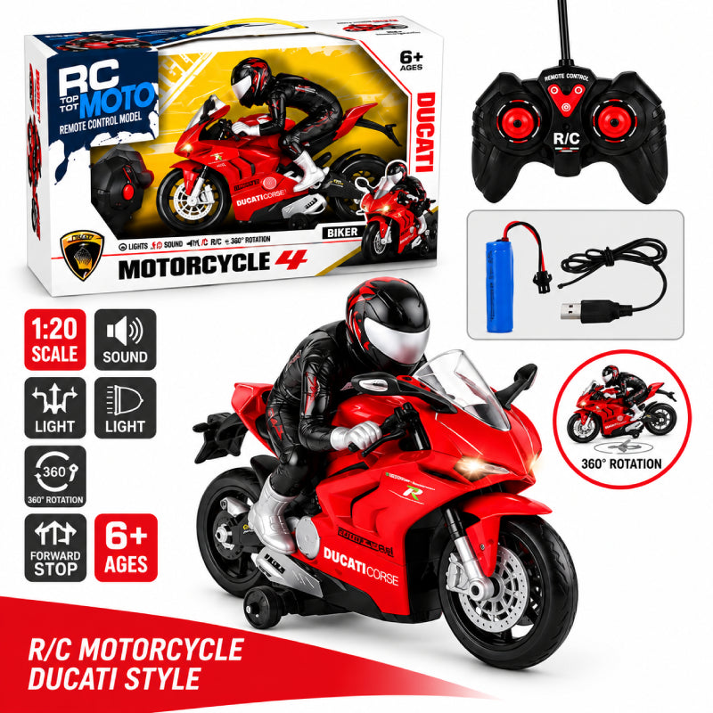 R/C Ducati-Style Motorcycle with Rider – Lights, Sound & 360° Stunt Action